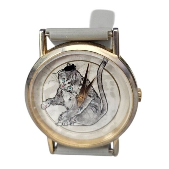 Vintage 1980s Cat & Mouse Watch Gray Watch Band Needs Battery Cute Kitten Motif main image 5